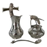 Vintage 3 Piece Los Castillos Silver and Mother of Pearl in Lay Hummingbird Sugar and Creamer Set For Sale