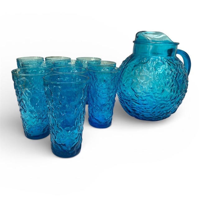 1970s 1970s Blue Anchor Hocking Glass Pitcher and 10 Glasses, Lido Milano Pattern For Sale - Image 5 of 6