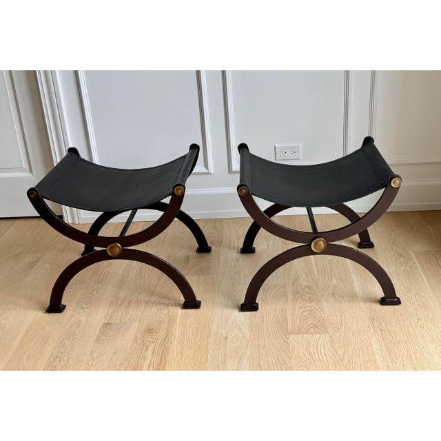 Pair of French Empire Style Hand-Wrought Iron, Brass & Black Saddle Leather Curule Stools For Sale - Image 9 of 10