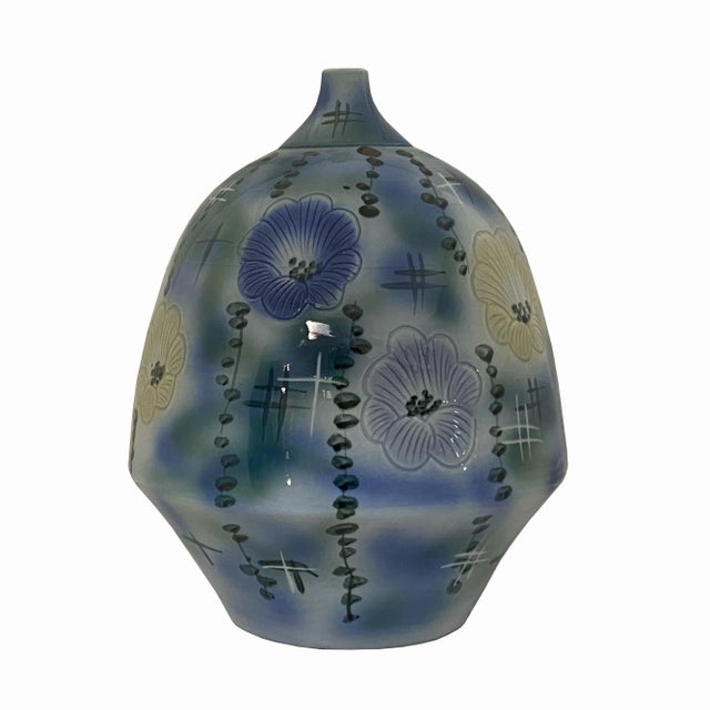 Artistic Flower Blue Green Porcelain Fat Round Body Small Mouth Vase For Sale - Image 4 of 6