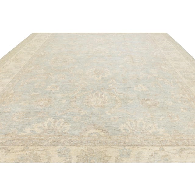 Hand-Knotted Modern Peshawar Wool Rug – Muted Light Blue & Cream Floral Design For Sale - Image 9 of 11