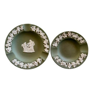 Set of 2 Vintage Wedgwood Sage Green Jasperware Plates, Made in England For Sale