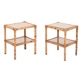 French Riviera Nightstands in Bamboo and Rattan and Glass, Italy, 1970, Set of 2 For Sale