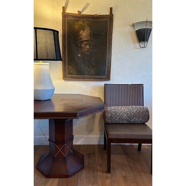 Custom Pair of Bolster Pillows With Lush Patterned Velvet and Leather Trim For Sale In Phoenix - Image 6 of 11