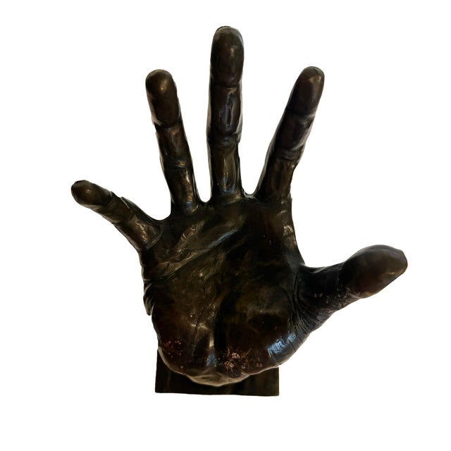 Metal Bronze Hand Sculpture With Hematite Sphere For Sale - Image 7 of 7