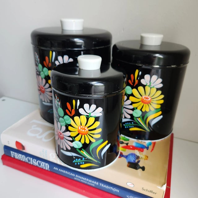 Vintage Ransburg Black with Hand Painted FlowersToleware Canisters- Set of 3 For Sale - Image 4 of 10