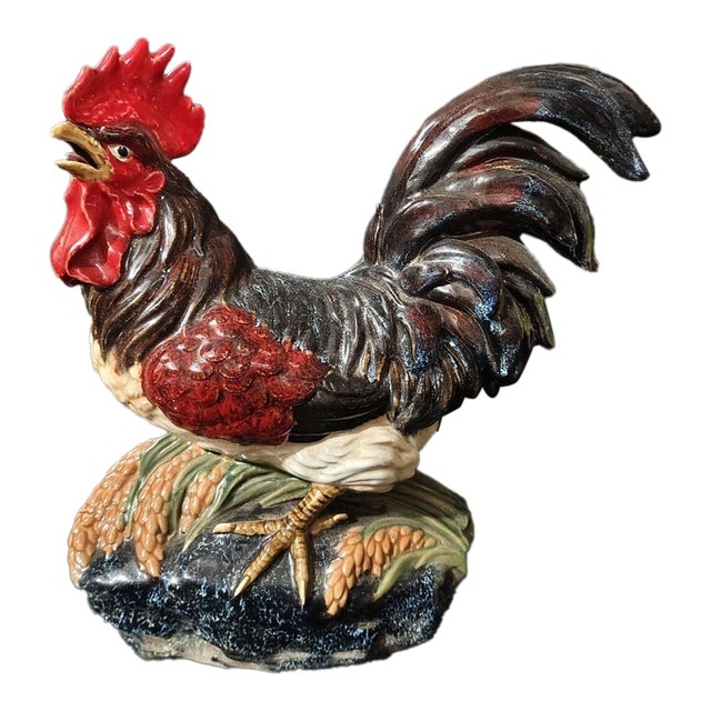 Mid 20th Century Ceramic Rooster Figurine "Abundant Harvest," Red Comb & Black Tail, Rice-Ear Base For Sale