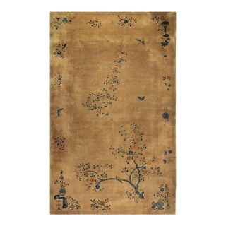 1920s Antique Caramel Field Floral Handknotted Wool Chinese Art Deco Carpet Rug For Sale