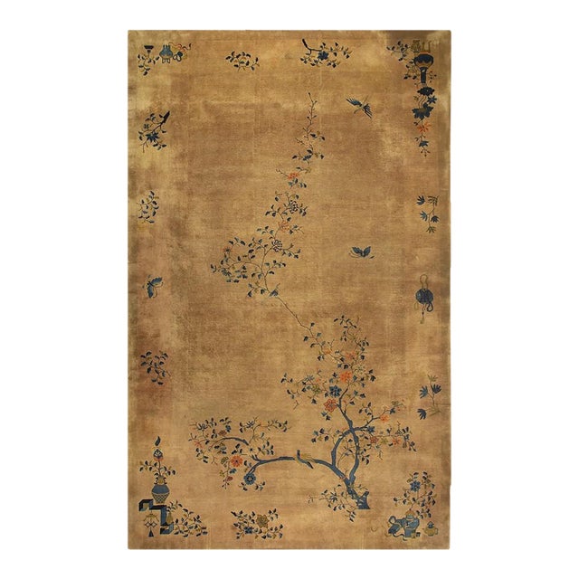 1920s Antique Caramel Field Floral Handknotted Wool Chinese Art Deco Carpet Rug For Sale