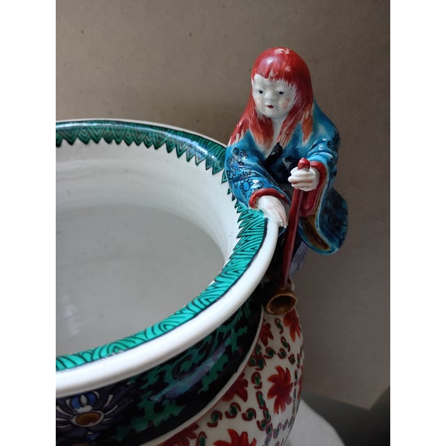Antique Asian Porcelain Centerpiece Bowl With 5 Sculpted Figurine Handles & Feet For Sale - Image 9 of 16
