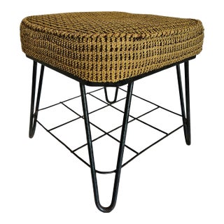 1950s MCM Hairpin Wrought Iron Upholstered Foot Stool For Sale