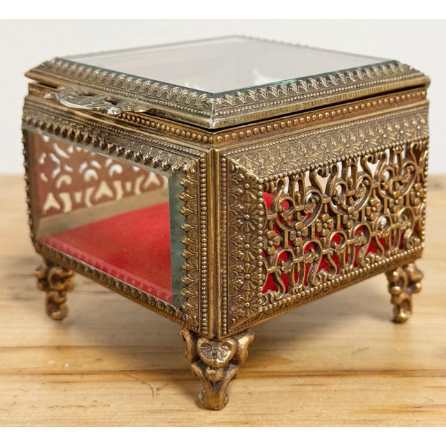 Metal Vintage Ormolu Brass Beveled Glass Jewelry Casket For Sale - Image 7 of 11
