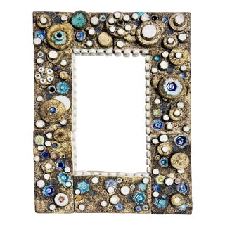Rectangular Brutalist Studio Ceramic Wall Mirror with Abstract Ceramic Relief, Germany, 1960s For Sale
