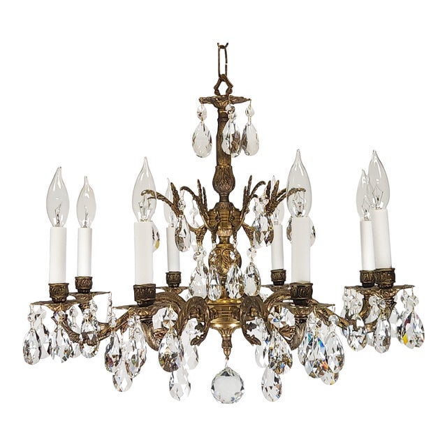 Antique 8 Light Glowing Glistening Gleaming Brass Cut Lead Crystal Chandelier For Sale