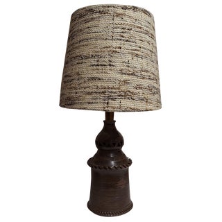 German Table Lamp with Brown Ceramic Base and Beige Fabric Shade, 1970s For Sale