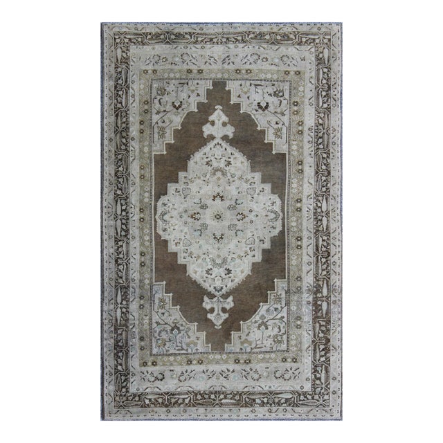 Vintage Turkish Oushak Long Rug With Medallion in Brown, Green & Neutral Colors For Sale