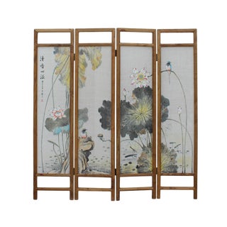 Chinese Lotus Leave Pond Canvas Painting Folding Screen Divider For Sale