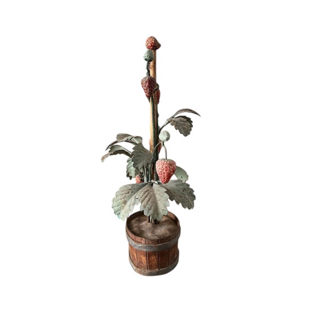 Mid 20th Century Vintage Italian Tole Peinte Potted Strawberry Plant Sculpture / Toleware Floral / Flower Arrangement, Made in Italy, a Pair For Sale - Image 5 of 12