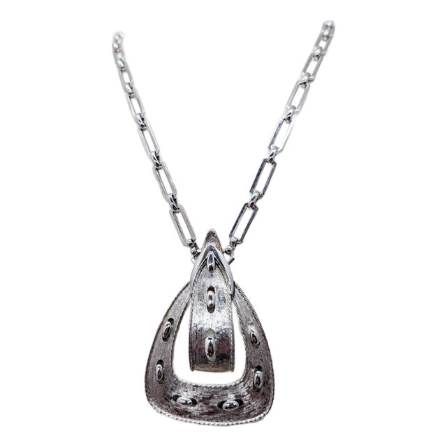 Vintage 1970s Signed Monet Rhodium Plated Buckle Pendant Necklace For Sale