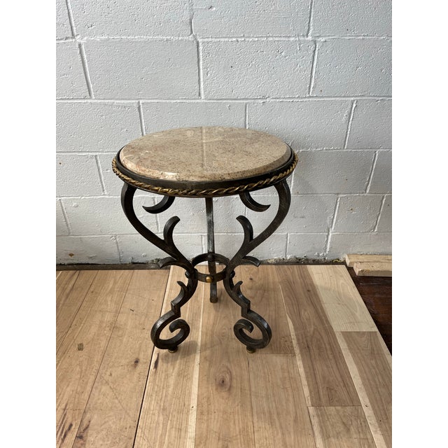 French Provincial French Gueridon Table With Marble Top and Cast Iron Scroll Legs For Sale - Image 3 of 10