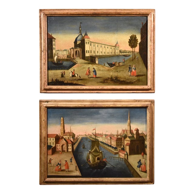 Venetian or Flemish School Artist, Rotterdam Palace of the Stock Exchange & Old Port, Oil on Canvas Paintings, Framed, Set of 2 For Sale