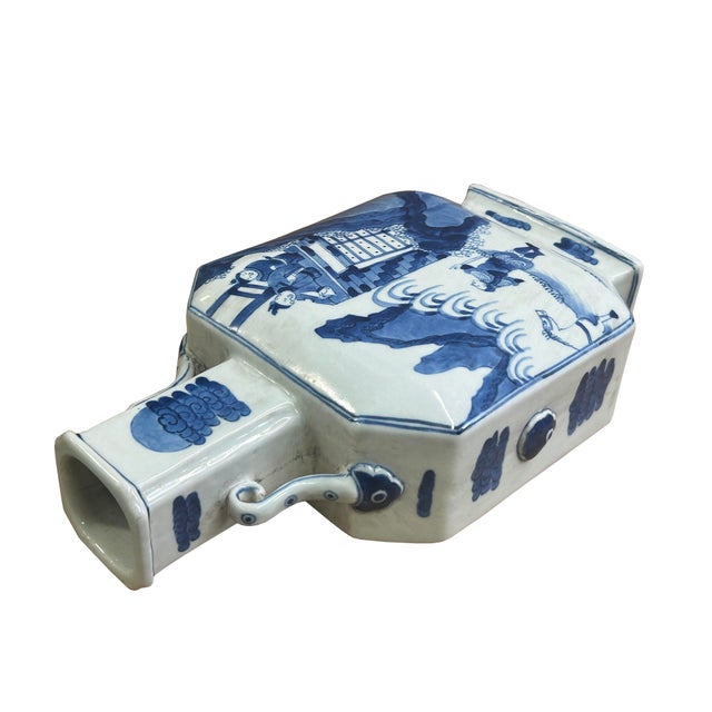 Chinese Blue White Porcelain Hexagonal Figural Graphic Art Vase For Sale - Image 14 of 15