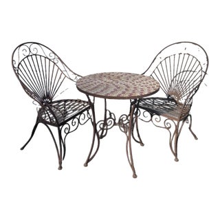 Vintage Wrought Iron Outdoor Bistro Mosaic Top Iron Table Table Top & 2 Chairs, Attributed For Sale