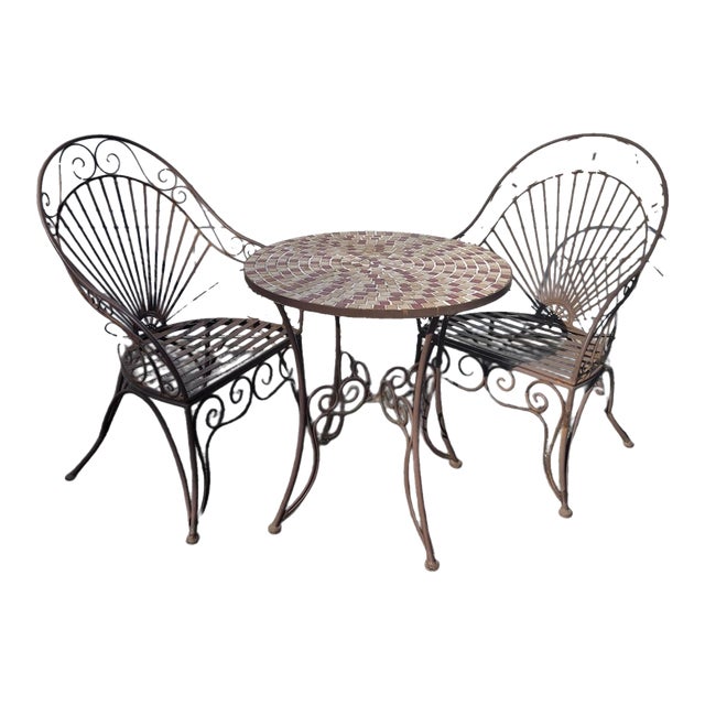 Vintage Wrought Iron Outdoor Bistro Mosaic Top Iron Table Table Top & 2 Chairs, Attributed For Sale