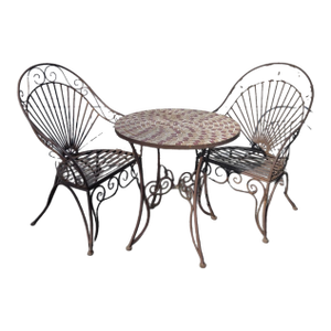 Vintage Wrought Iron Outdoor Bistro Mosaic Top Iron Table Table Top & 2 Chairs, Attributed