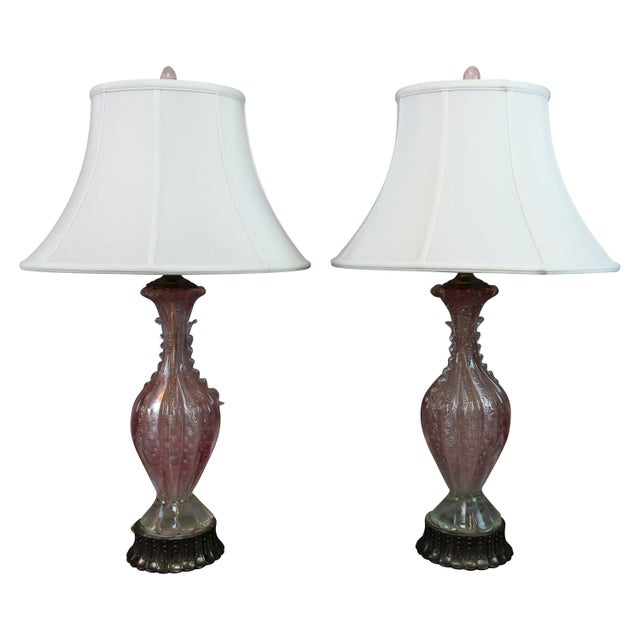 1940s Pink Italian Murano Glass Table Lamps - A Pair For Sale - Image 5 of 5