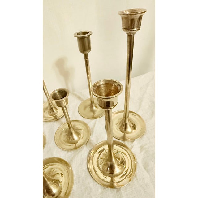 Mid 20th Century Vintage Curated Collection of Polished Brass Tulip Candlestick Holders - Set of 10 For Sale - Image 5 of 10