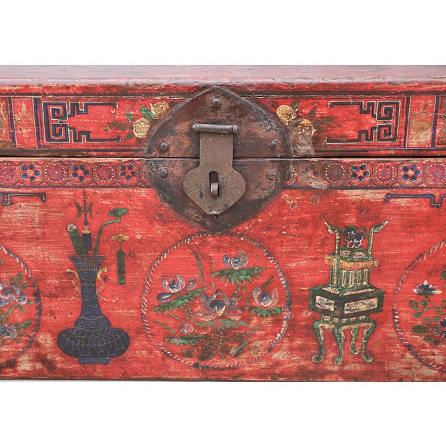 Antique Chinese Painted Chest, the front beautifully decorated with classical motifs. 13.5Hx34x20