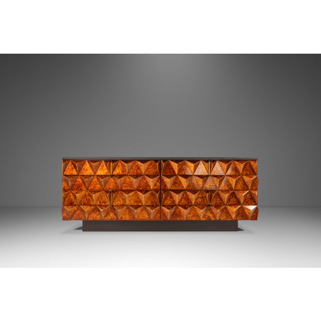 Mid-Century Modern Rare Brutalist Space Age Sculptural Diamond Faced 8-Drawer Dresser / Sideboard W/ Leather Top, Italy, C. 1970s For Sale - Image 3 of 16