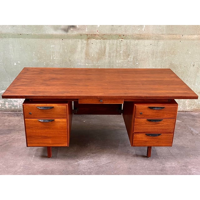 Mid-Century Modern 1960s Jens Risom 72” Executive Walnut Double Pedestal Desk W/Custon Center Drawer, Restored Top For Sale - Image 3 of 12