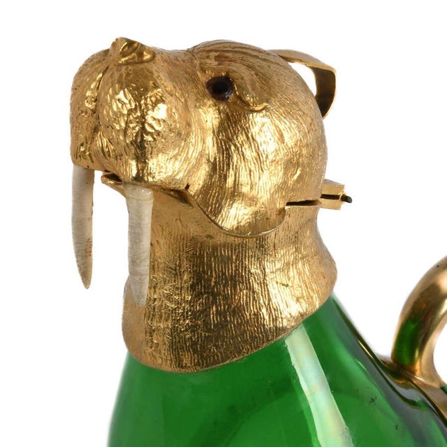 Green Vintage Green Glass & Gilt Metal Walrus Claret Wine Decanter For Sale - Image 8 of 8
