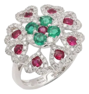 14k White Gold Emerald and Ruby Floral Cocktail Ring With Diamonds Size 8