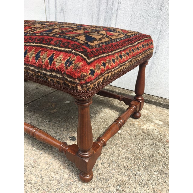 Wood Turned Leg Wooden Bench Covered With Antique Belochistan Oriental Prayer Rug For Sale - Image 7 of 13