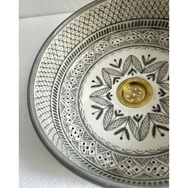 Gray Gray Handcrafted Ceramic Pottery Round Vessel Washbasin Sink With Brass Drain For Sale - Image 8 of 10