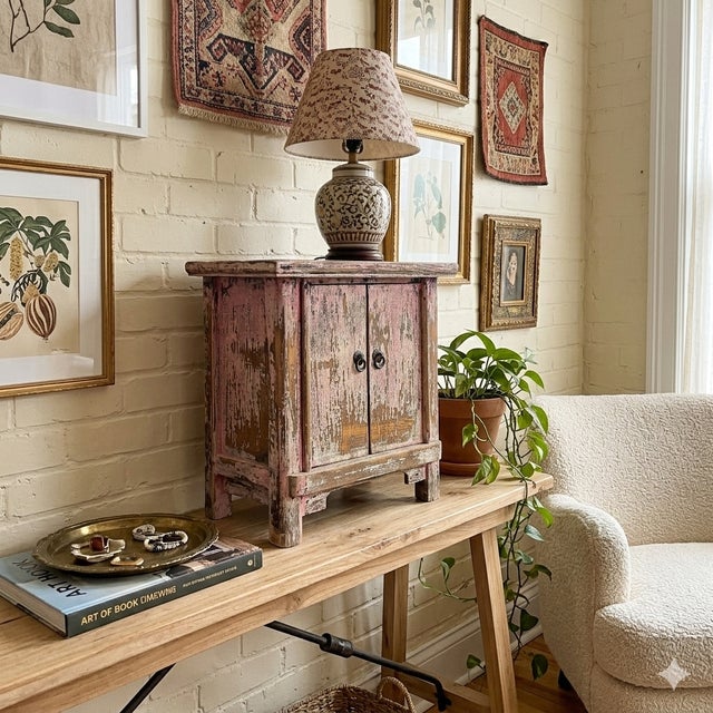 16.25" Distressed Pink Brown 2 Doors End Table Nightstand Chest For Sale In San Francisco - Image 6 of 6