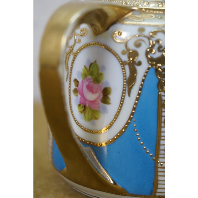1910s Antique Noritake Turquoise Blue & Gold Lidded Sugar Bowl W/ Spoon For Sale - Image 5 of 18