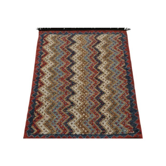2010s Rug & Kilim’s Twin Tribal-Inspired Rugs in Red, Blue and Beige-Brown Chevrons For Sale - Image 5 of 7