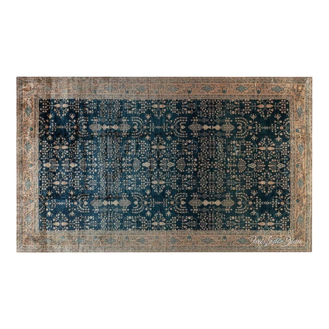 1920s Indian Botanic Blue Handmade Wool Rug For Sale