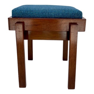 Mid-Century Modern Wood Bench With Blue Cushion For Sale