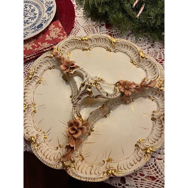 1950s Italian Rococo Revival Divided Ceramic Serving Tray With Applied Florals & Gilt Accents For Sale - Image 6 of 6
