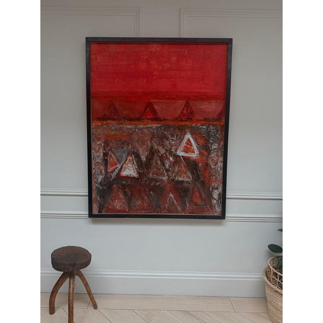 A monumental and richly textured original abstract oil painting on canvas, dominated by intense red, rust, burnt orange,...