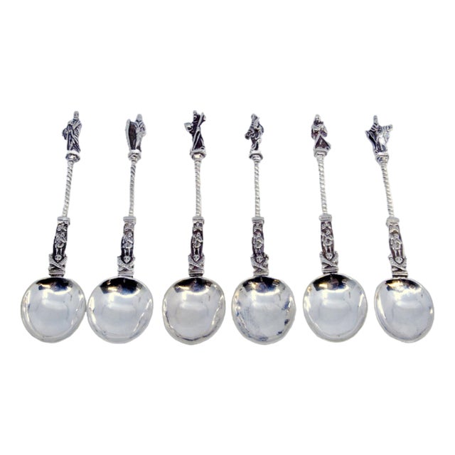 Souvenir Spoons in Spiral Silver with Figures of Apostles, Set of 6 For Sale