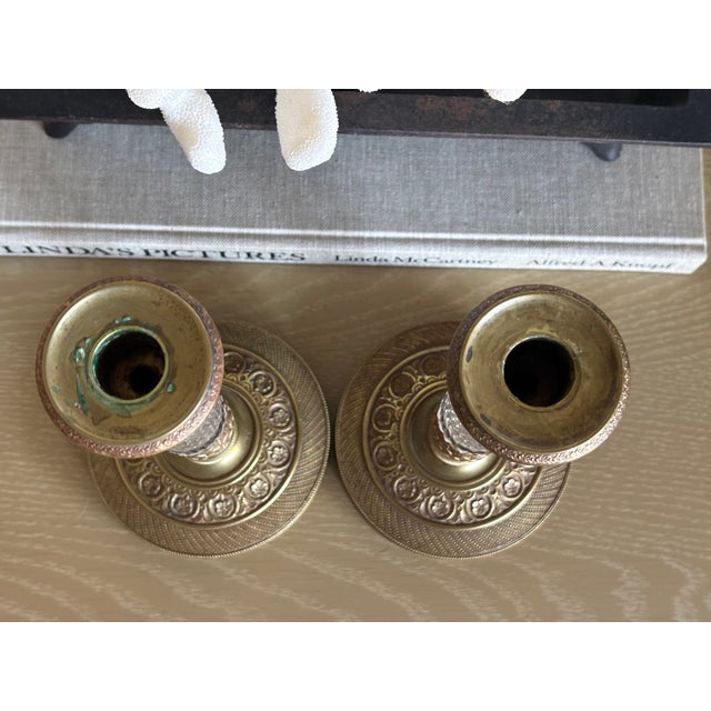 Antique French Empire Revival Gilt Brass & Cut Glass Candlesticks - A Pair For Sale - Image 11 of 13