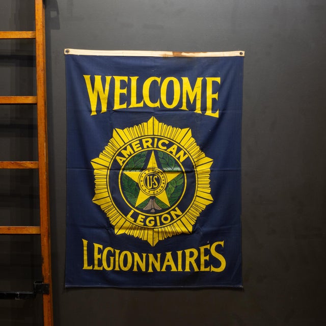 ABOUT An authentic, vintage American Legion banner features a deep navy blue background with vibrant, yellow silk-screened...