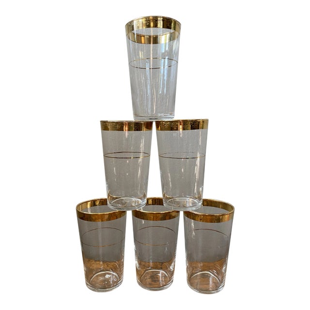 Vintage Mid 20th Century Glass Tumblers With Gold Rim - Set of 6 For Sale