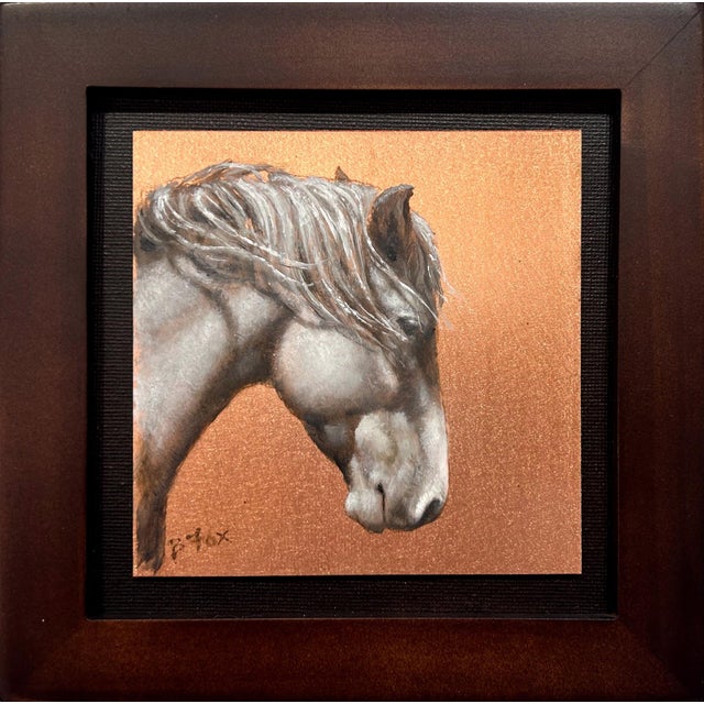This oil on copper painting features the serene profile of a horse, its soft features rendered with delicate brushwork...